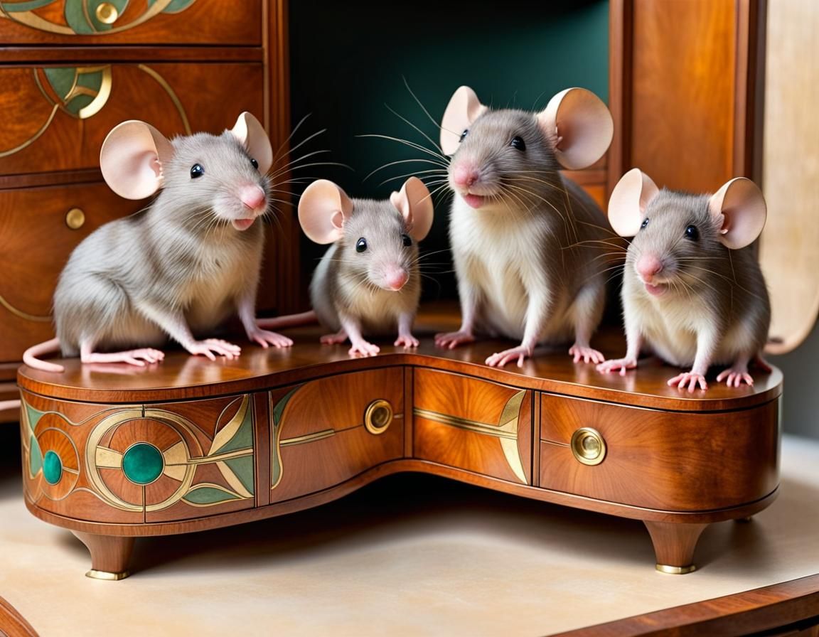 Beautifully drawn family of mice, living in a luxurious Mousehole in