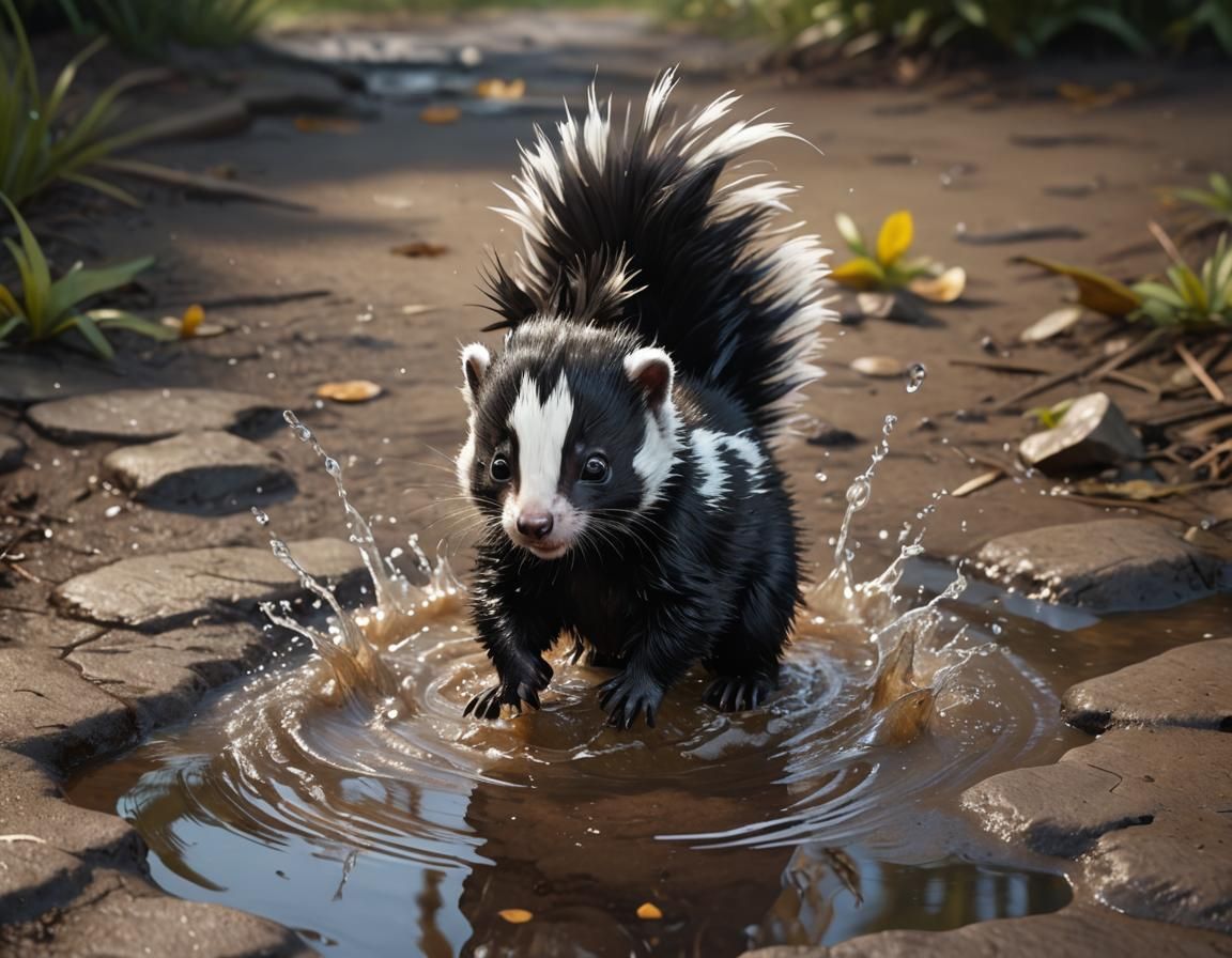 Cute and adorable baby skunk splashing in a shallow puddle. Big fluffy ...