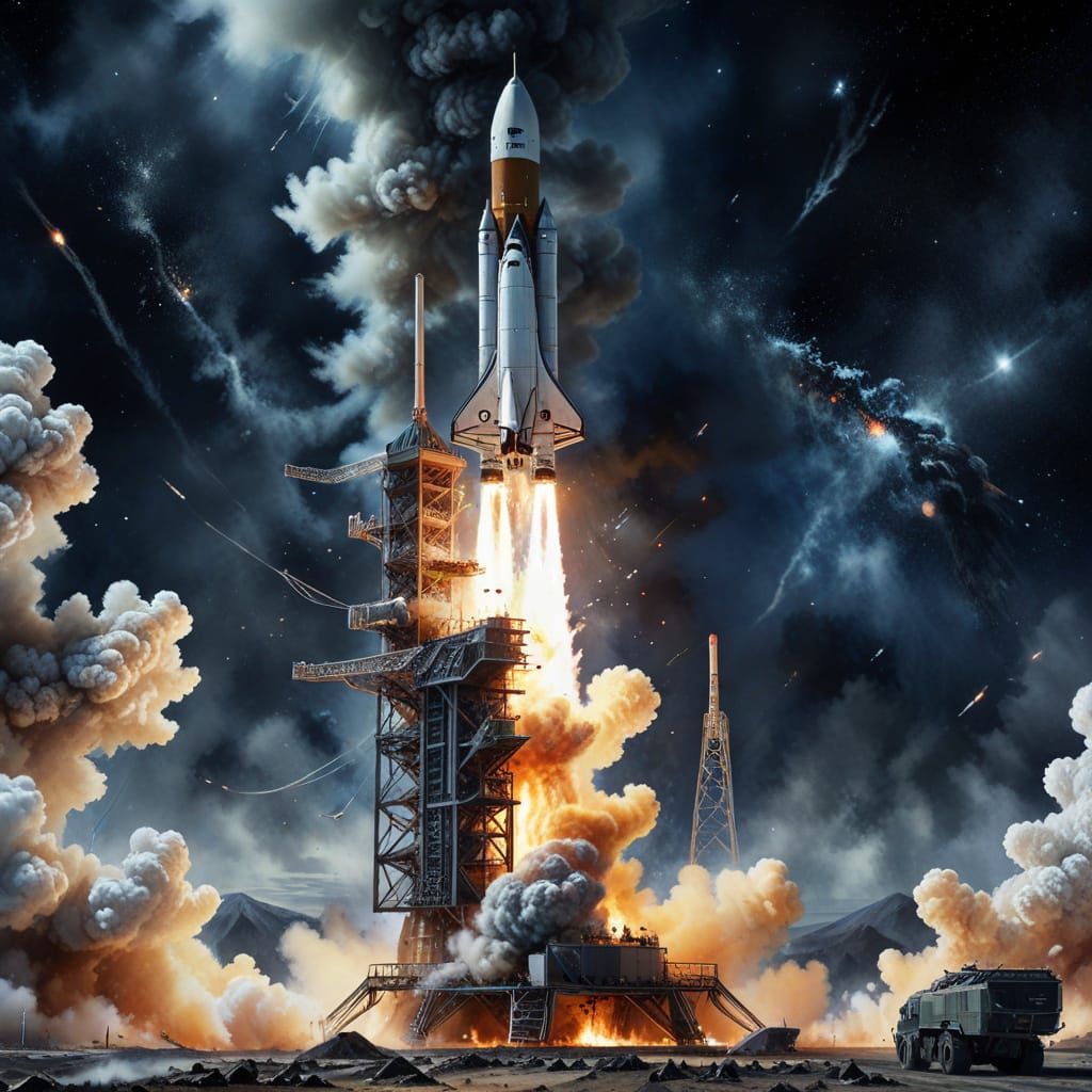 Dramatic Satellite Launch in Watercolor Style