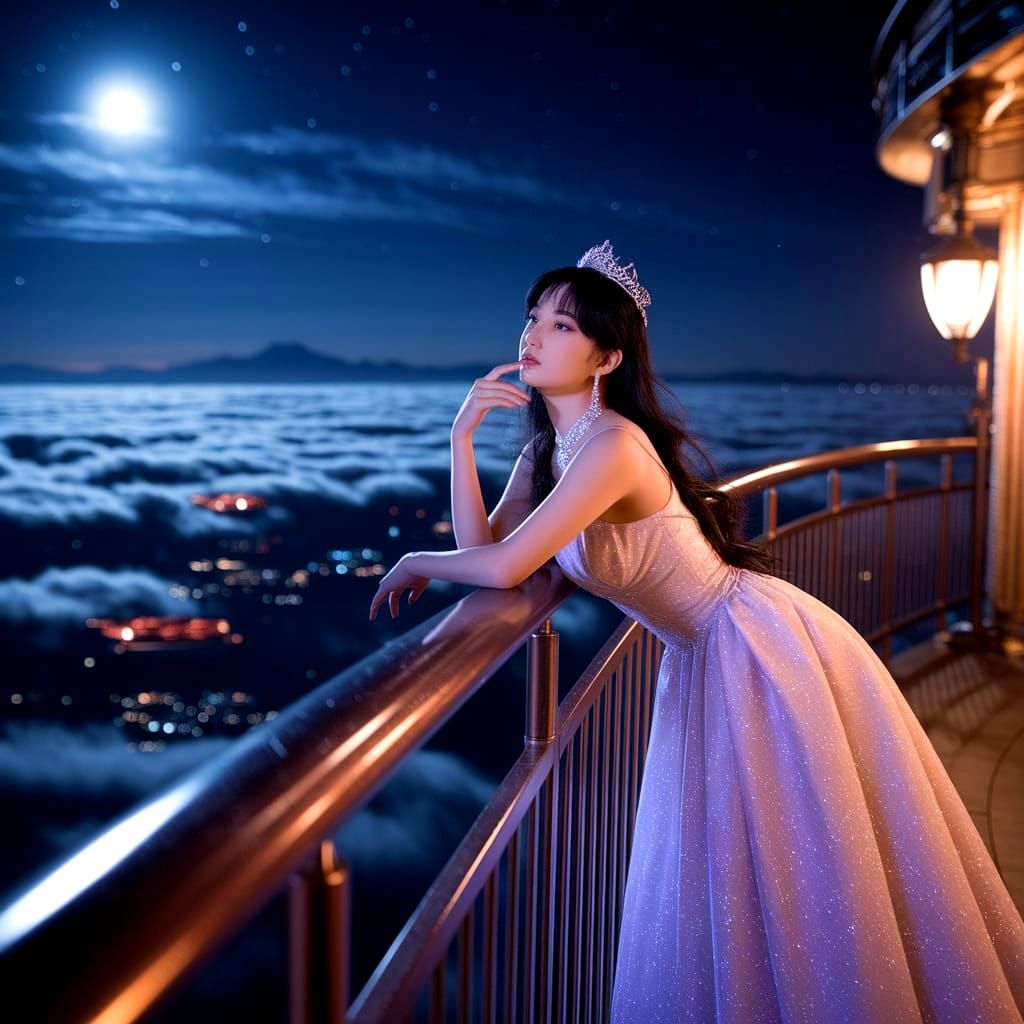 Ethereal Asian Goddess Leans on Airship Balcony Under Starli...