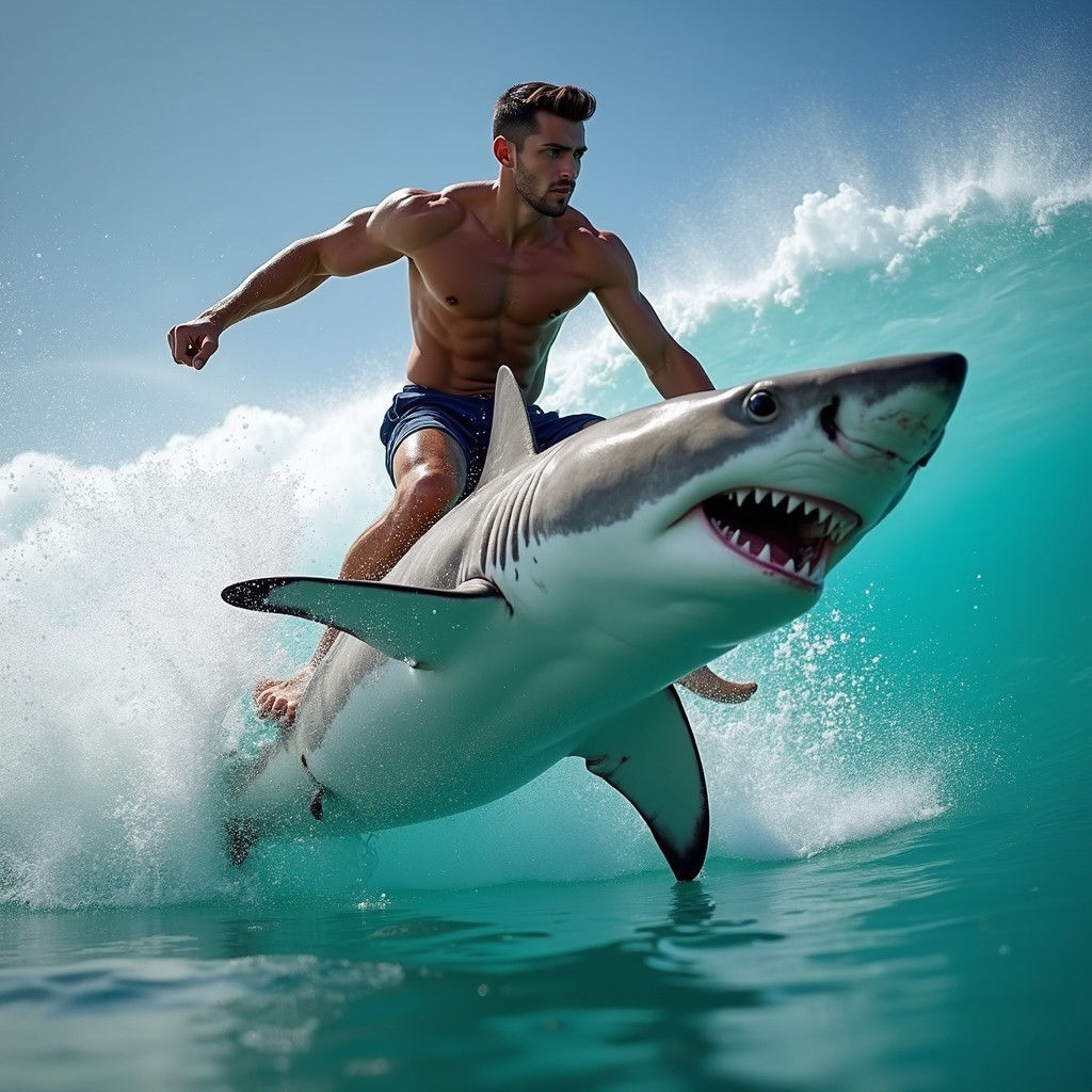 Guy riding a real shark like a surfboard 