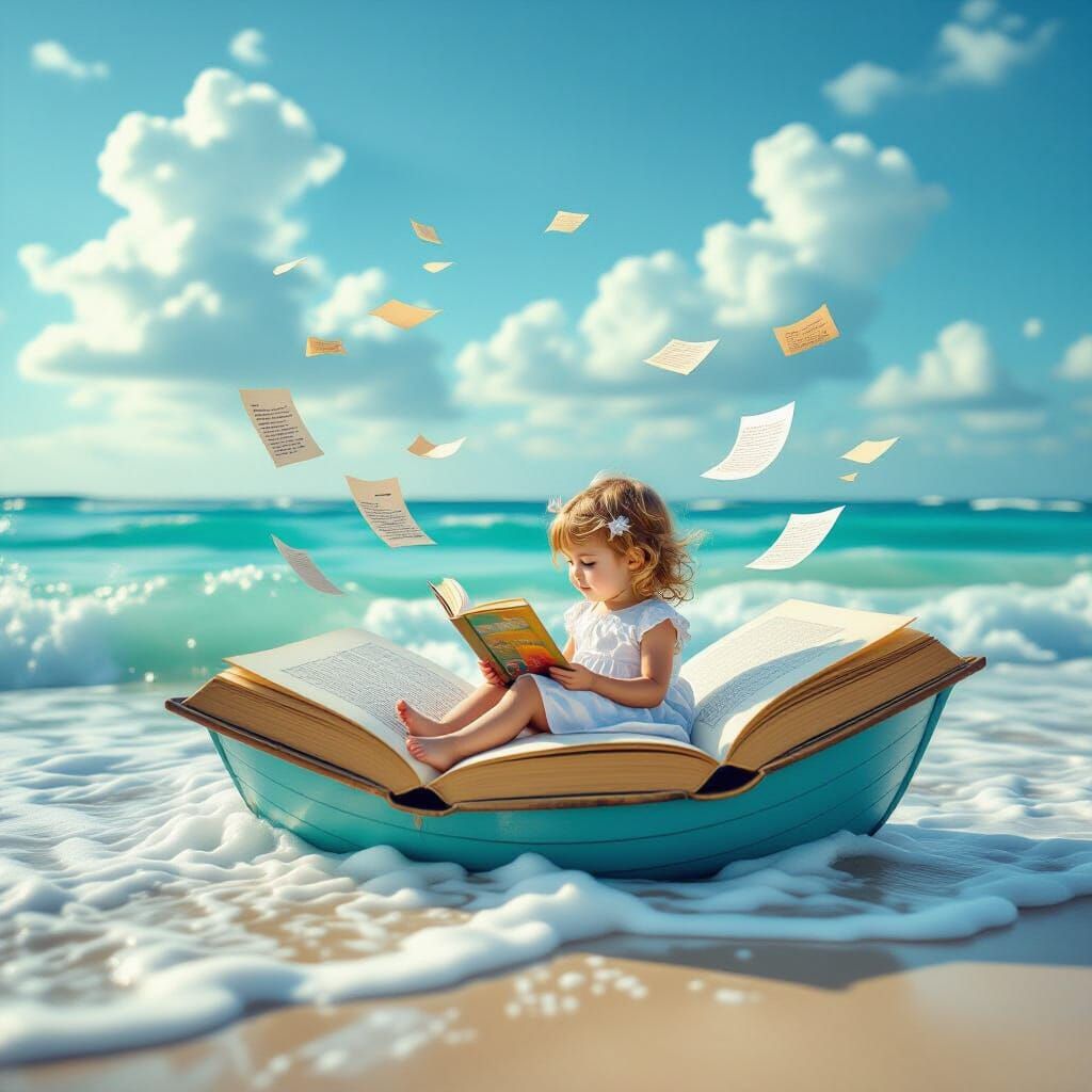 Enchanted Beach: Girl Reads on Floating Book-Boat