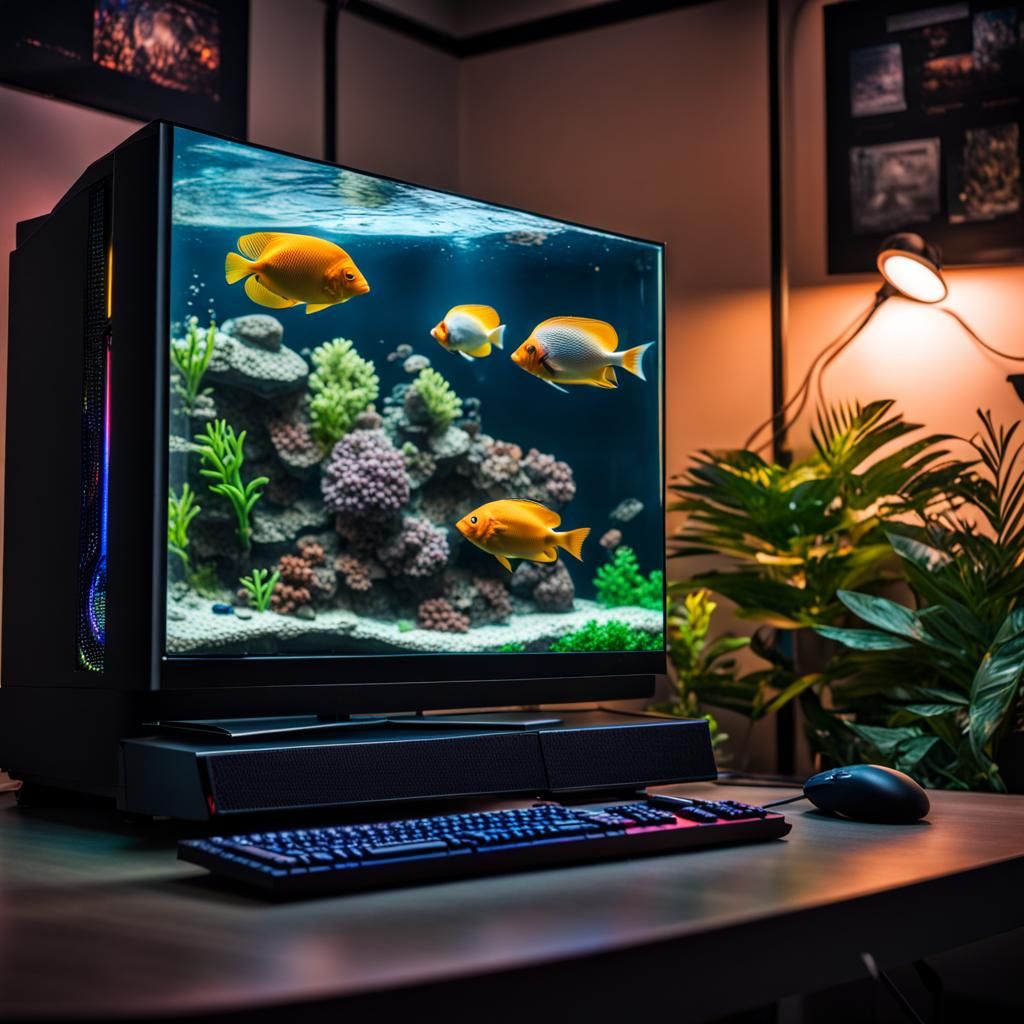 A gaming PC in front of a tropical fish tank