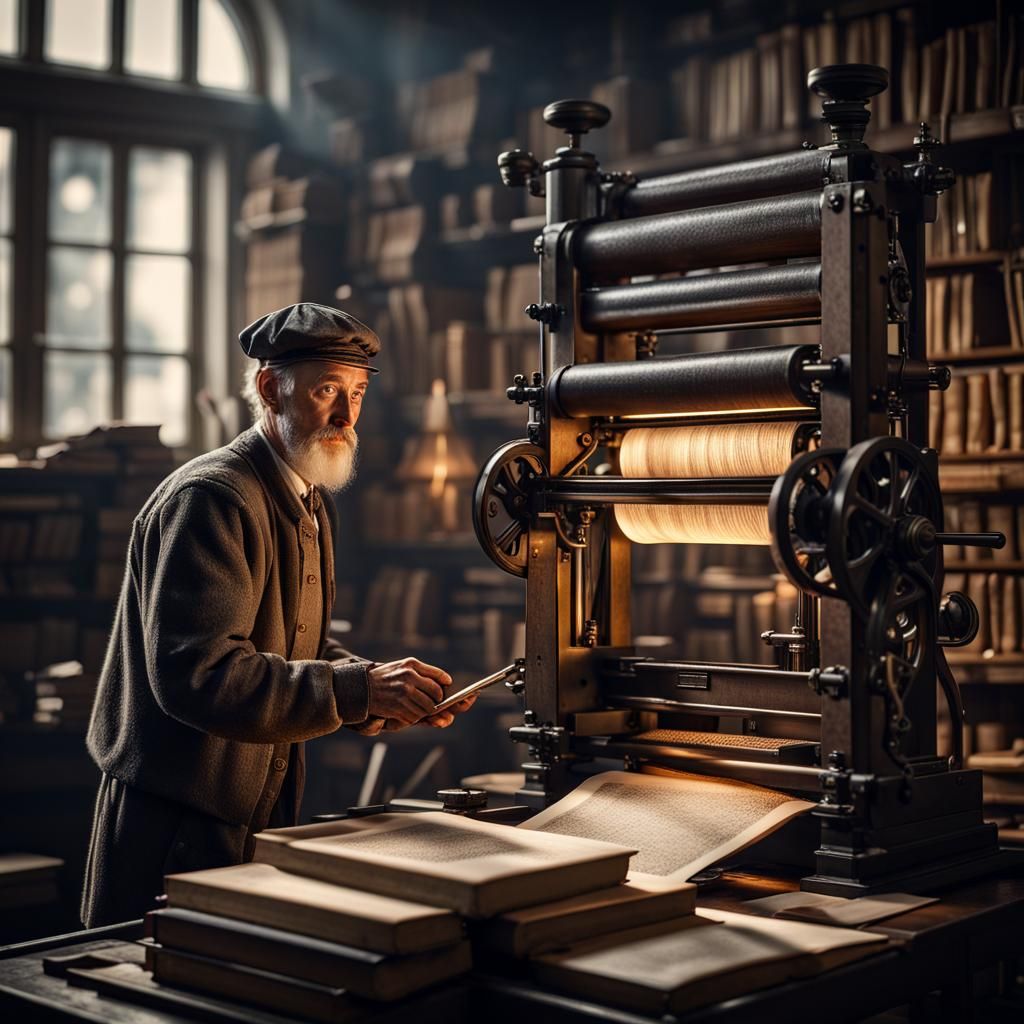 Johannes Gutenberg using a printing press