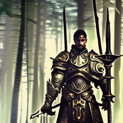 a man in the woods holding a sword and wearing armor