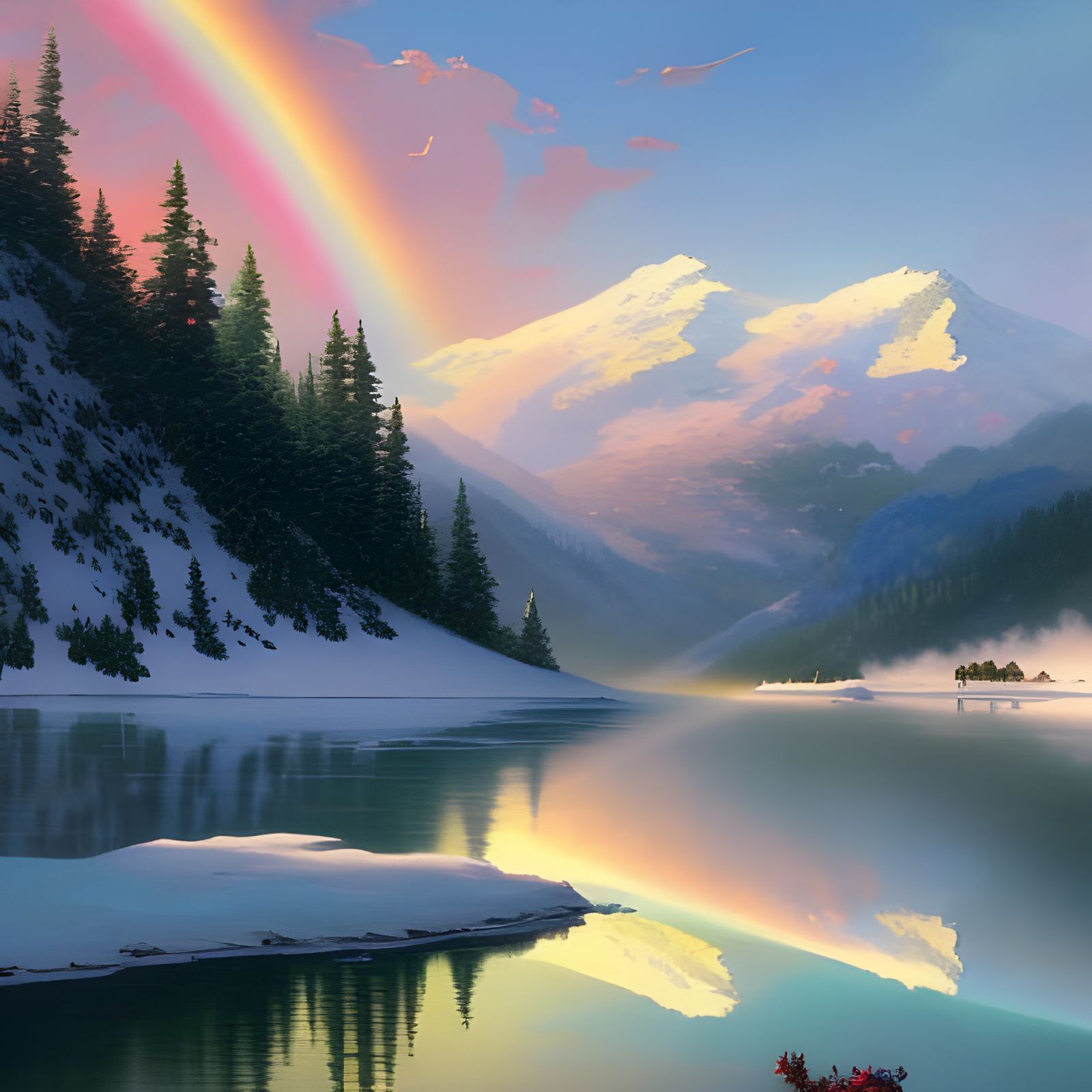 ""watercolor painting *with snowcapped mountains and colorful rainbow""8k resolution concept art portrait by Thomas Kink...