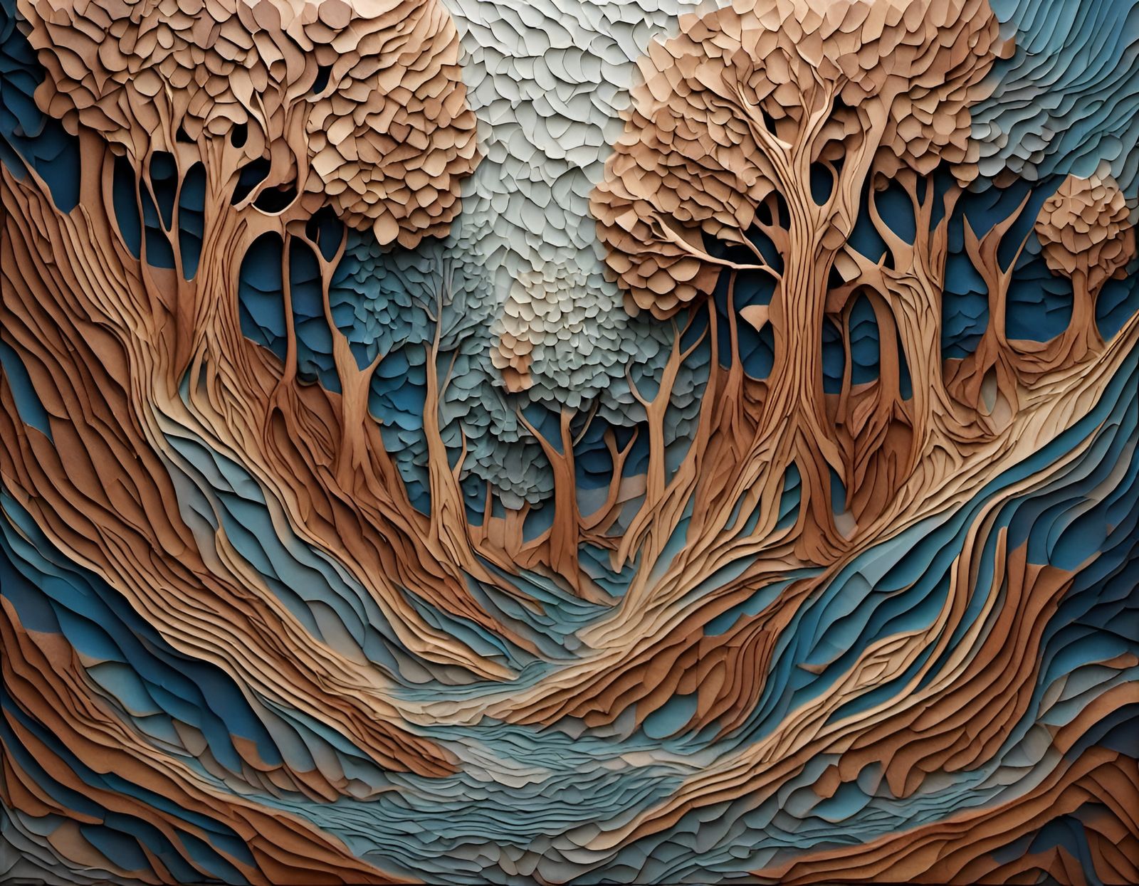<lora:Splinter:1.0> hyperdetailed  wood carving of a forest, trees, ground, sky, varying abstract patterns, contrasting 3D textures, crossha...