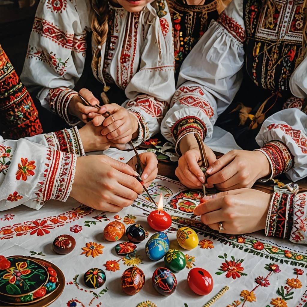 Ukrainian Girls Making Pysanky Close-Up