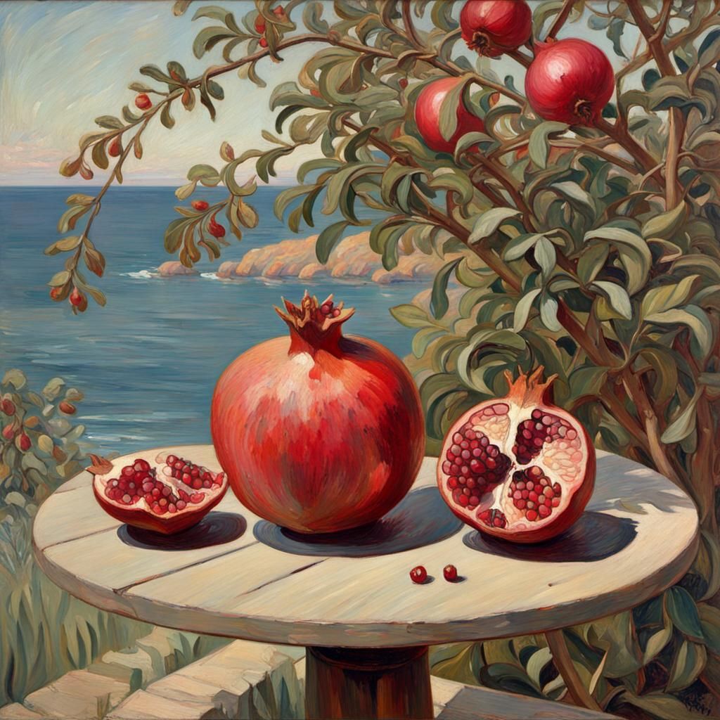 Pomegranates on a garden table