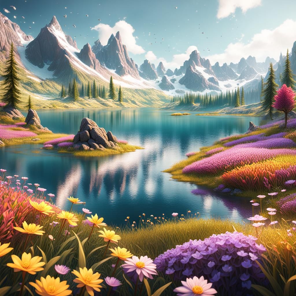 lake surrounded by mountains and a flower field