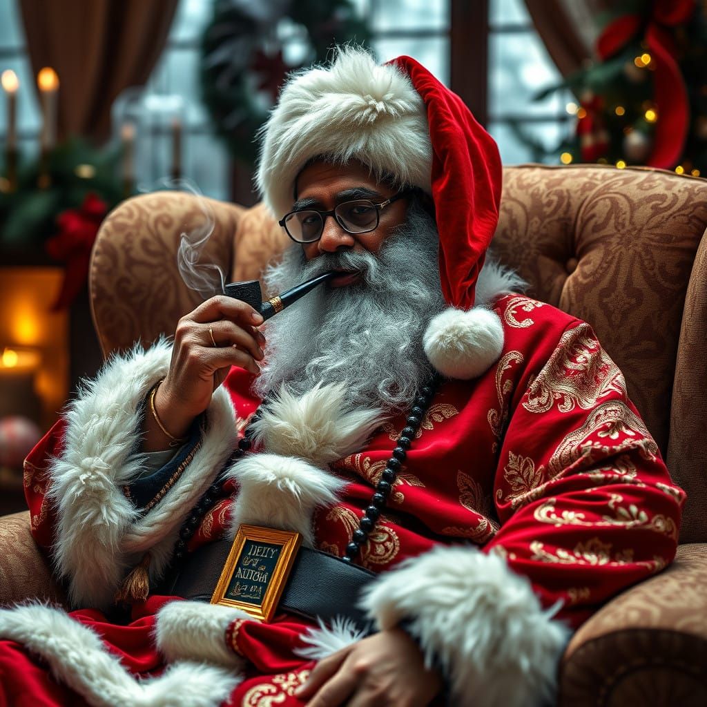 Santa in Elegant Attire, Surrounded by Festive Luxury