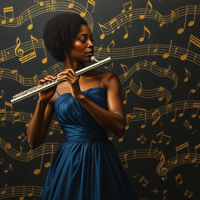 BLACK WOMAN DRESSED IN A NAVY BLUE EVENING GOWN PLAYING A SI...
