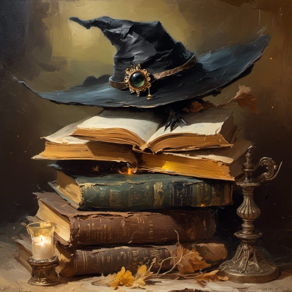 Vintage Still Life with Witch Hat in Dark Fantasy Style