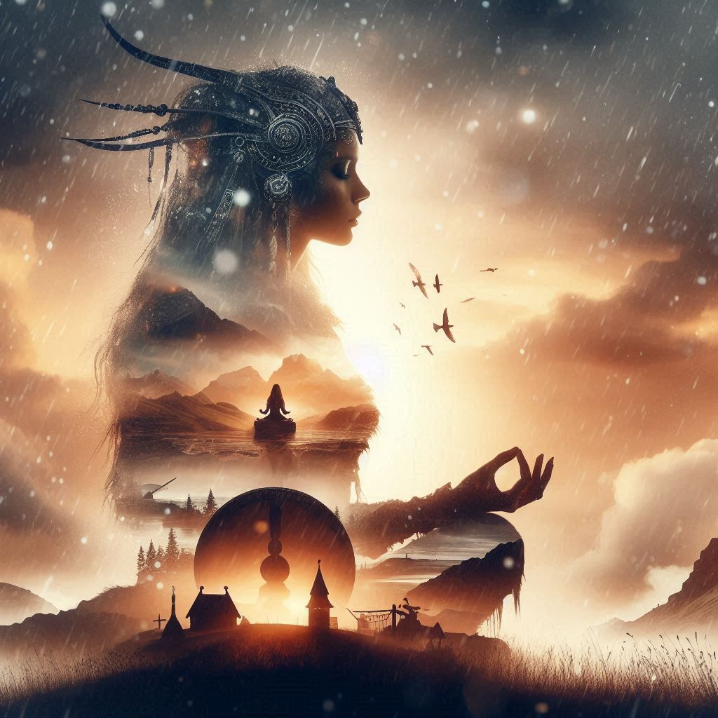 double exposure beautiful fantasy DALL-E 3 portrait landscape..