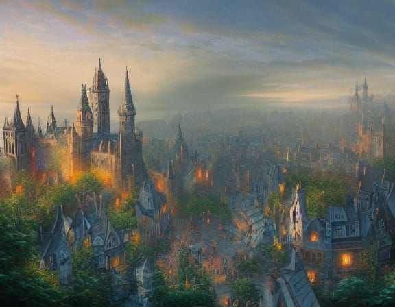 Magical Medieval City Rises From Mist in Oil Painting