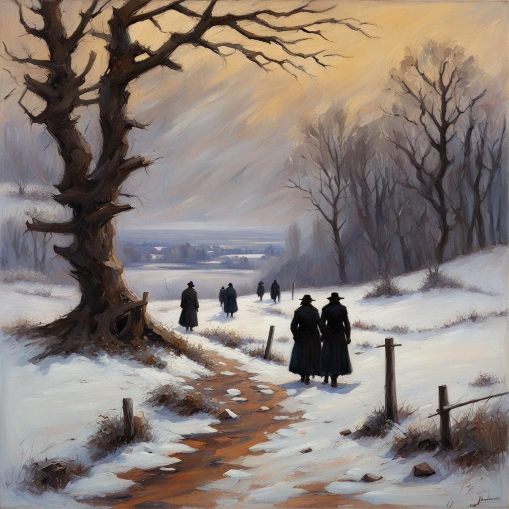 winter sad landscape people walking with arms, ravens on the...