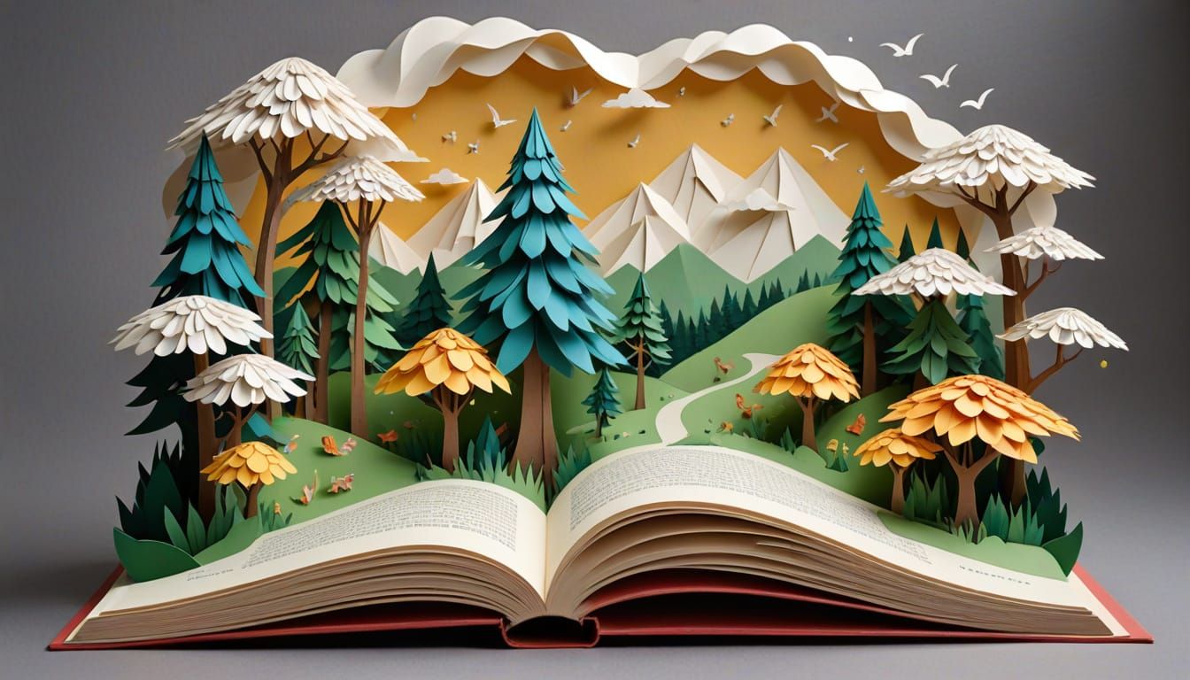 A surreal scene depicting a giant, open book with a fantastical world erupting from its pages!  by @Paul G