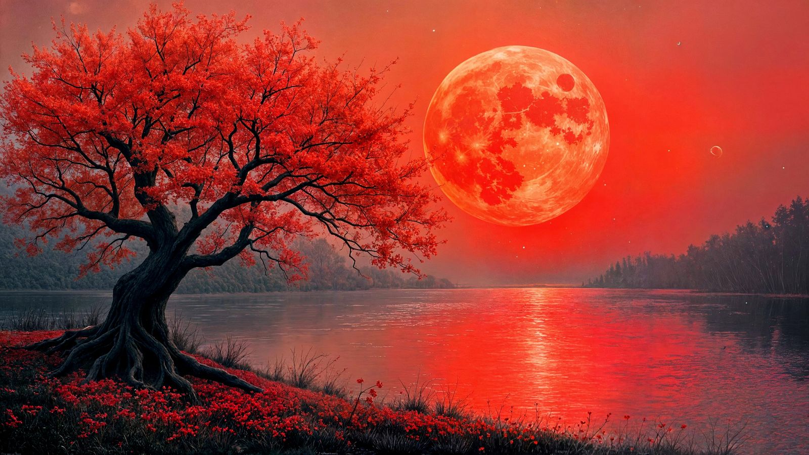 A painting with a dark silhouette of a tree with beautiful red blooms, a couple of patches of red flowers ...  by @Dantonio