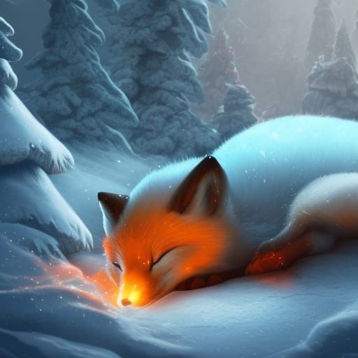 sleeping snow fox add fire and ice and water elements