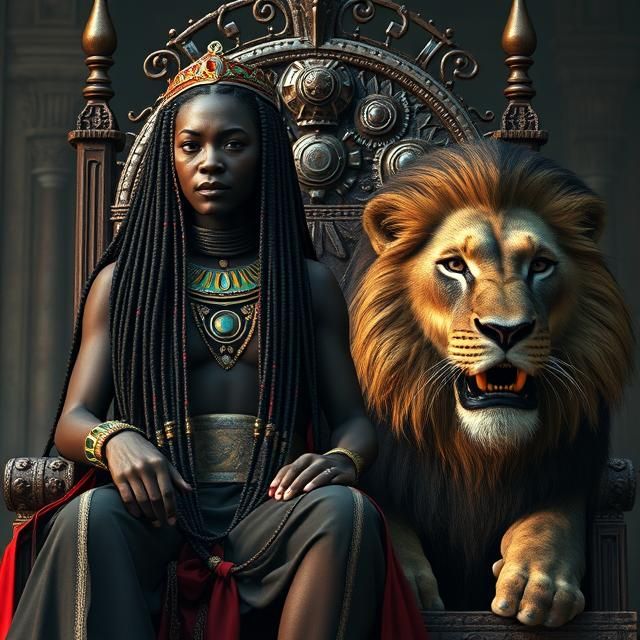 BLACK ETHIOPIAN QUEEN WITH LONG COLORED DREADLOCKS INTRICATELY BRAIDED SITTING ON A THRONE NEXT TO A FIERCE VICIOUS LION...
