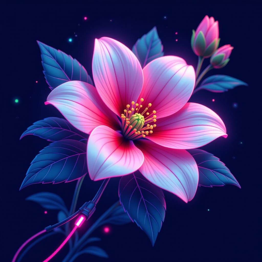 Flowers Bloom Connected to Charging Circuit, in Neon Style