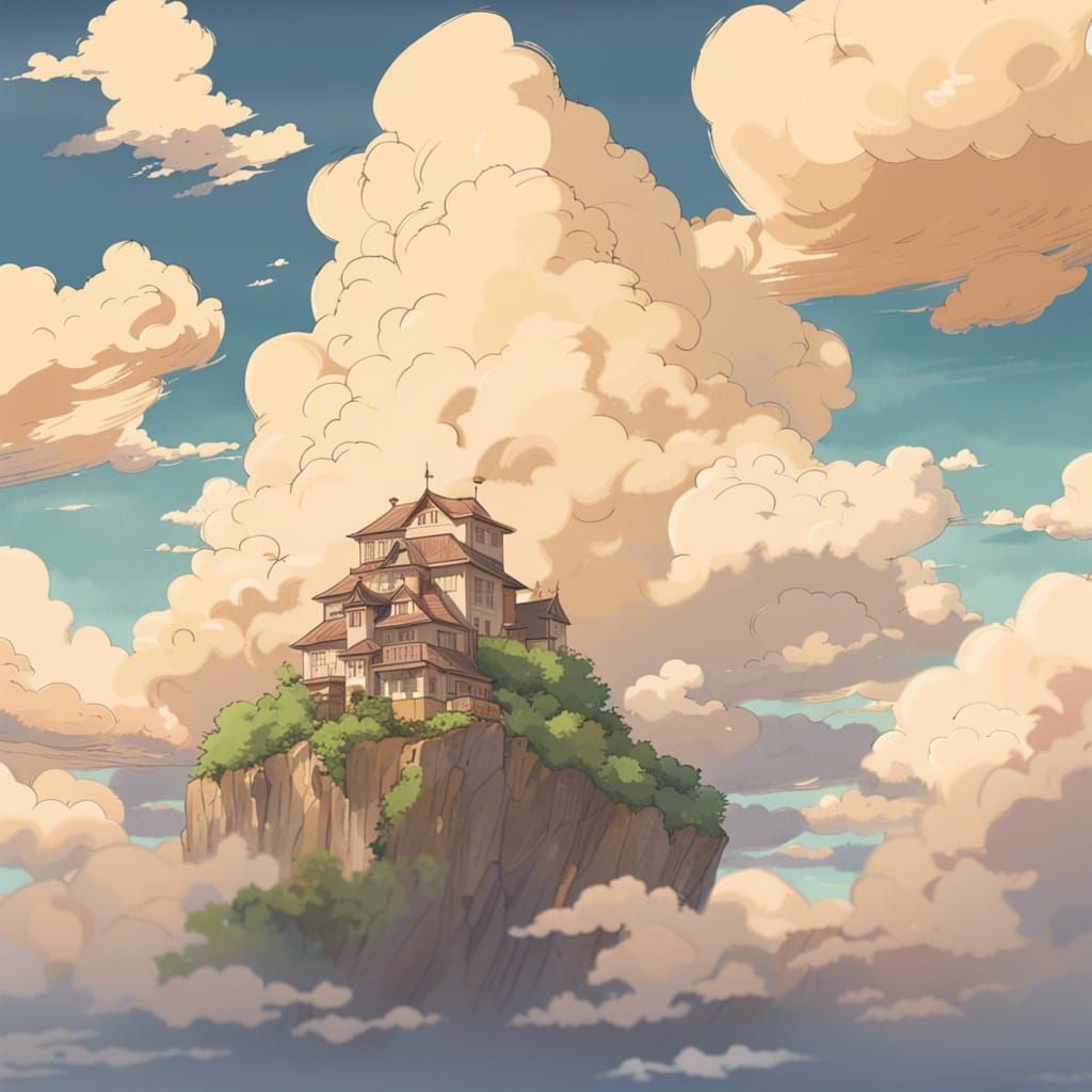floating house with beige clouds