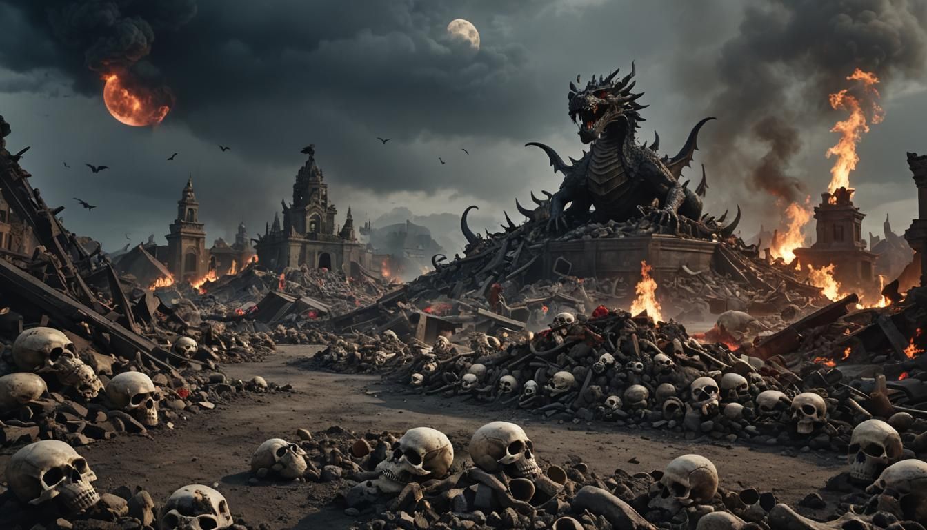 The image is a digital art piece that appears to be a scene from a fantasy or sci-fi movie. It shows a large group of skulls and bones scatt...
