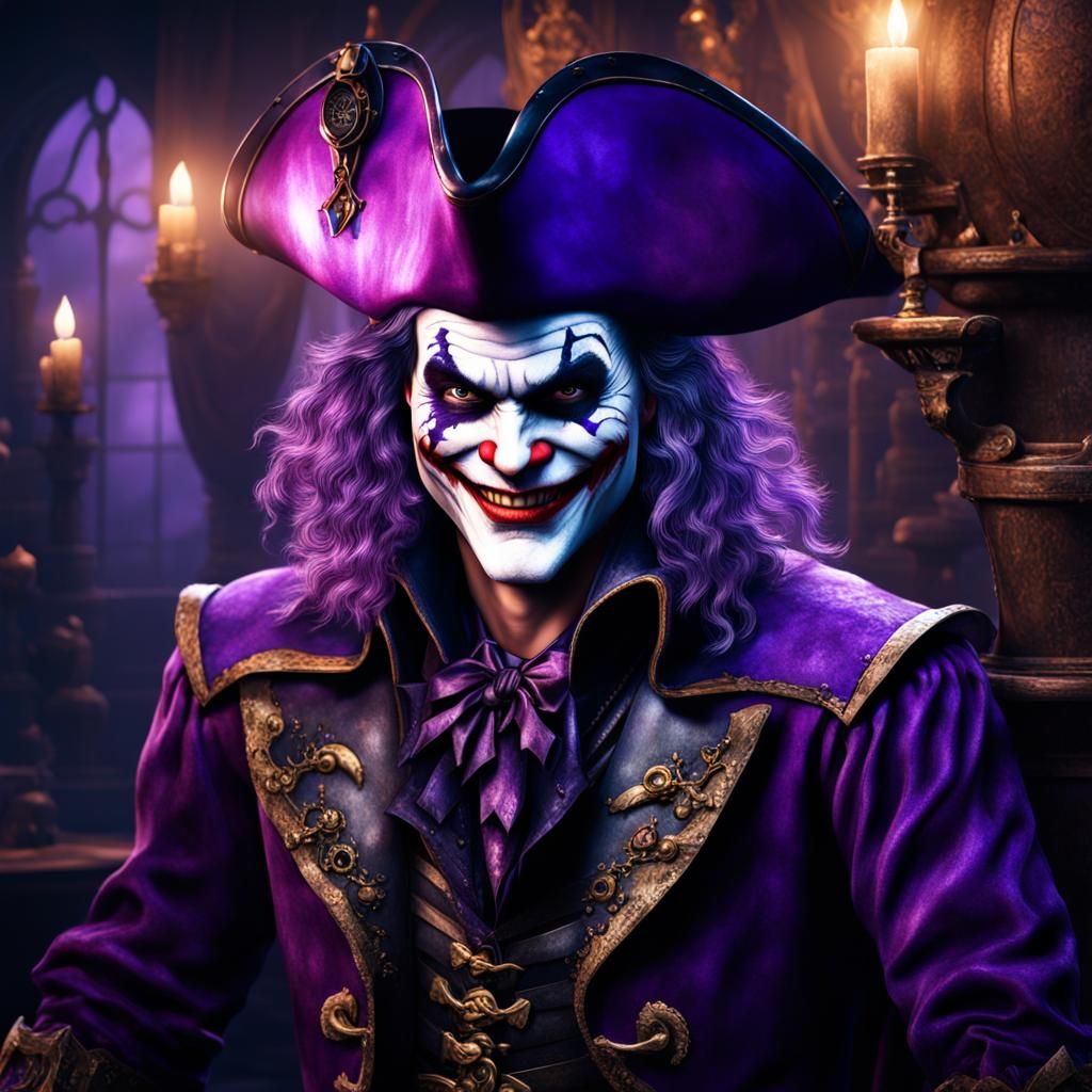 Photorealistic head and shoulder portrait of a mysterious joker wearing ...