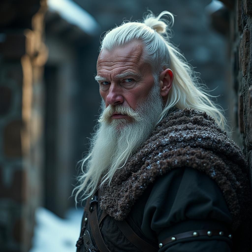 A medieval lord of a viking fort. He is middle age with white hair and a hard expression