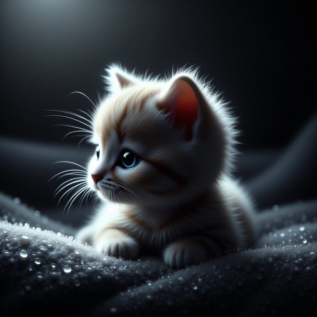 <lora:Flux Vivid Visions:1.0> stardust close-up side portrait of an adorable hyperrealistic kitten laying in the soft show, extremely realis...
