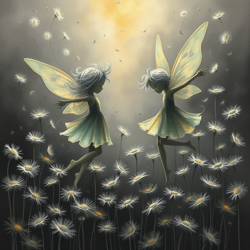 Winged fairies   in a Million Dandelion dreamscape,  making ...