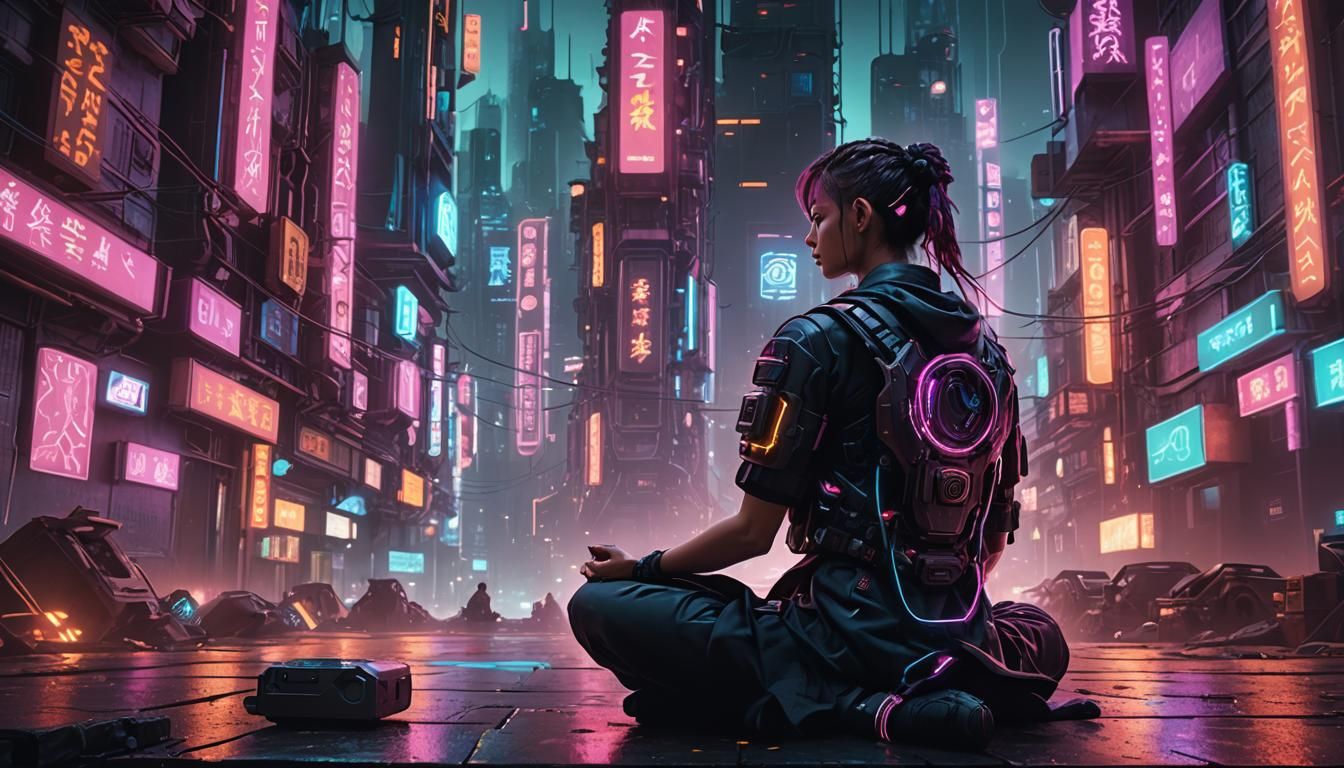 meditating in cyberpunk city with neon lights
