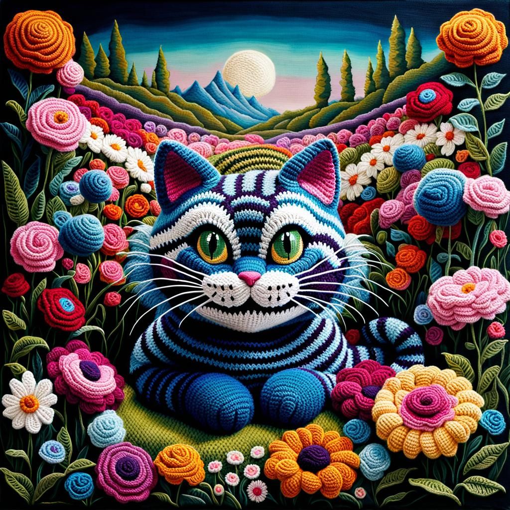Crocheted Cheshire Cat in Oil-Painted Garden