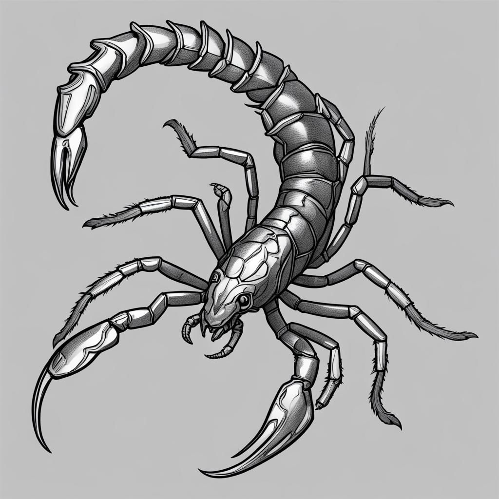 line drawing, scorpion, tail raised, full body, side view AI