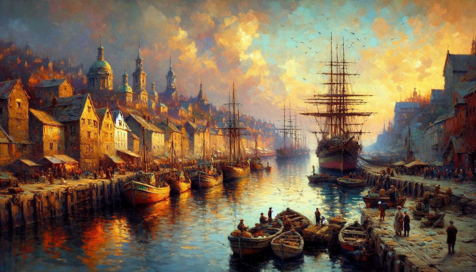 Harbor. Oil painting in style of William Turner. 2