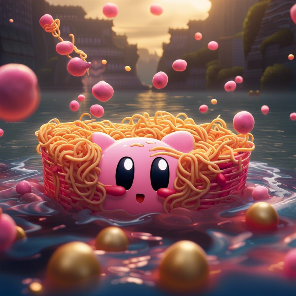Kirby swimming with uncooked ramen noodles AI Generated Artwork
