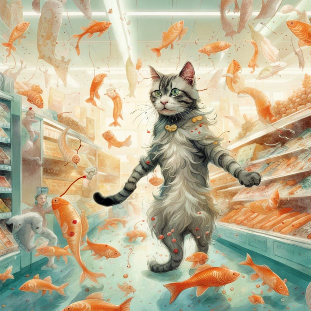 cats walking on two legs buying fish in the supermarket, spl...