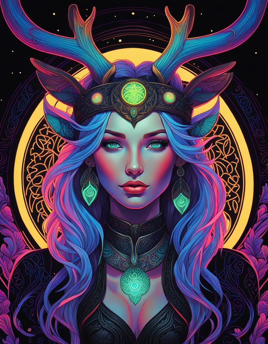 Beautiful girl with glowing hair and neon antlers. Her cloth...