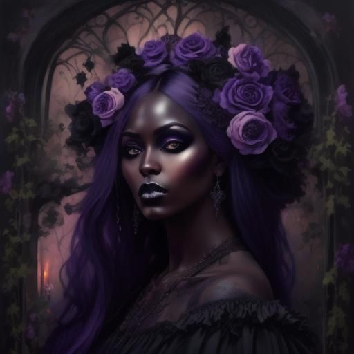 <lora:Painting Intensity:1.0> Very dark black skin young woman with purple hair, long hair, painting style, very dark colors, vampire, gentl...