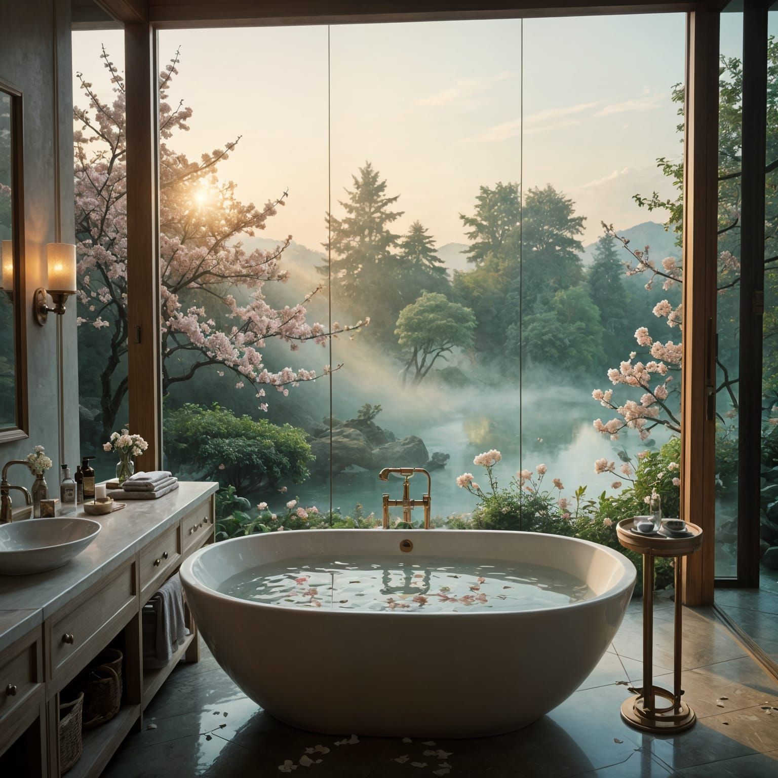 Surreal Japanese-Inspired Bathroom Oasis with Dramatic Views