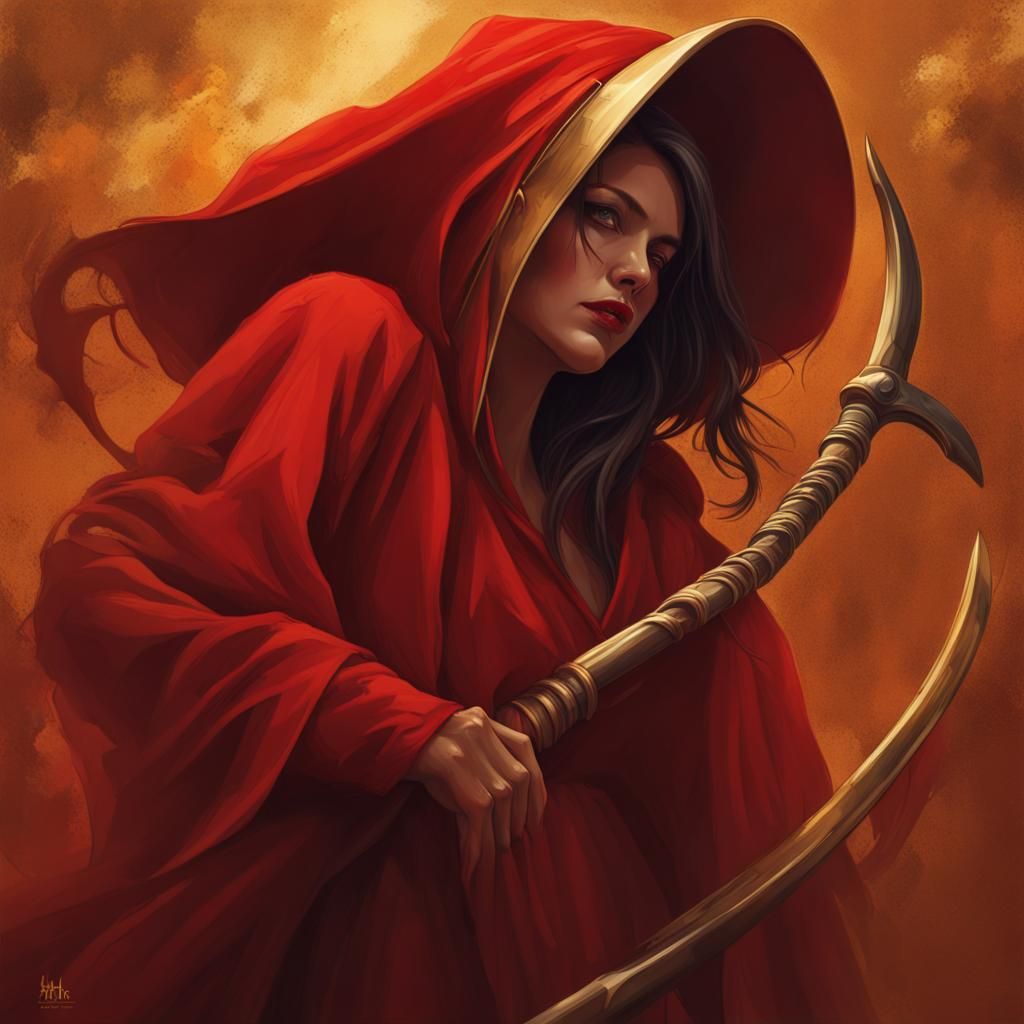In the style of a Scythe A woman with her face hidden wearing a long