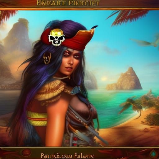 pirate woman ship paradise island with parrot on shoulder