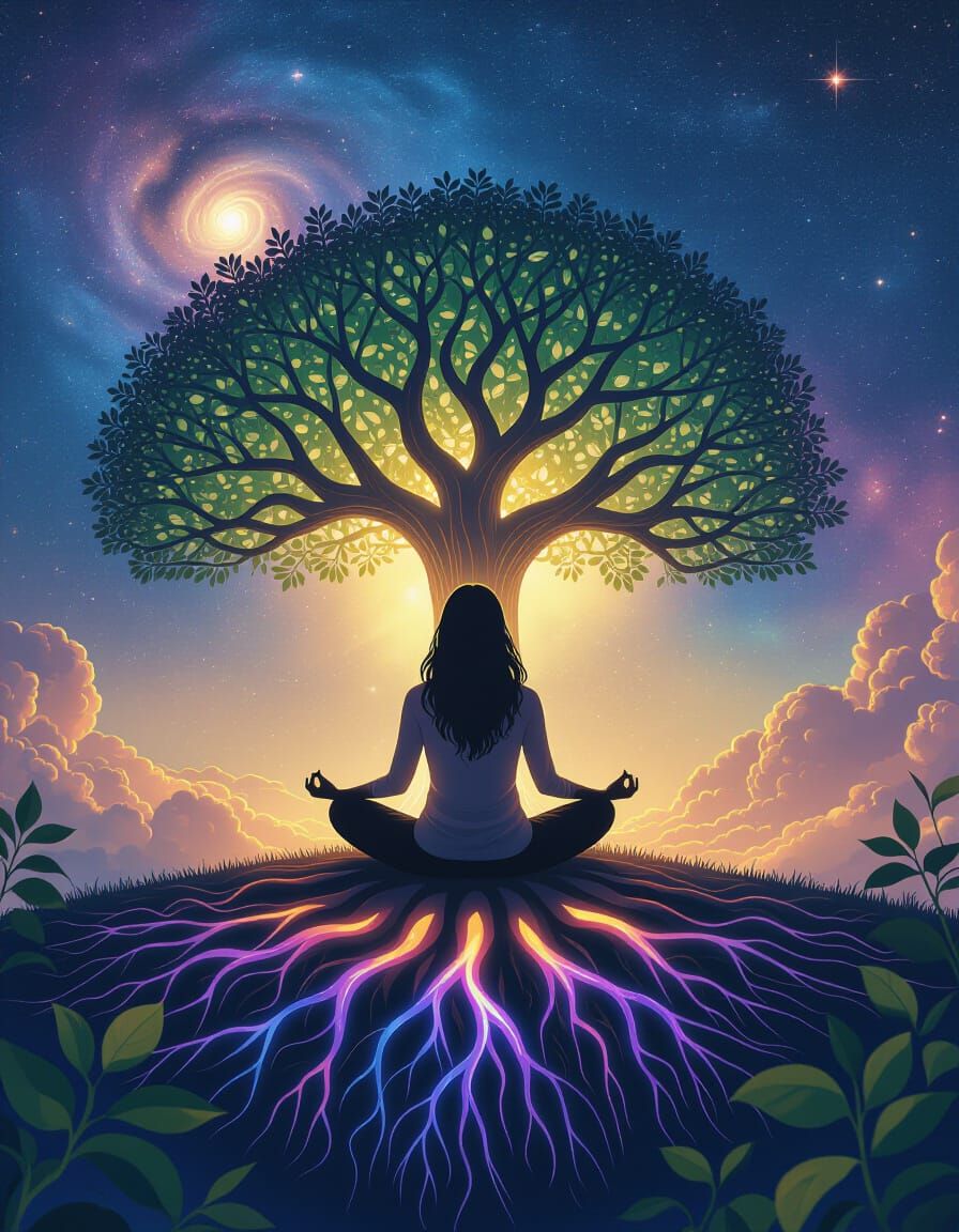 Beautiful outer space Tree of Life Meditating woman