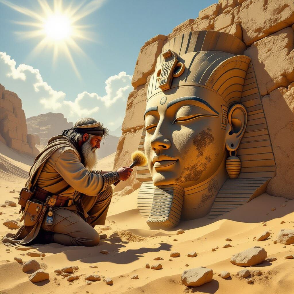 An ancient archaeologist, weathered and wise, carefully brushes away sand from a colossal stone head ...  by @Prof Chima Obioma Maduako 