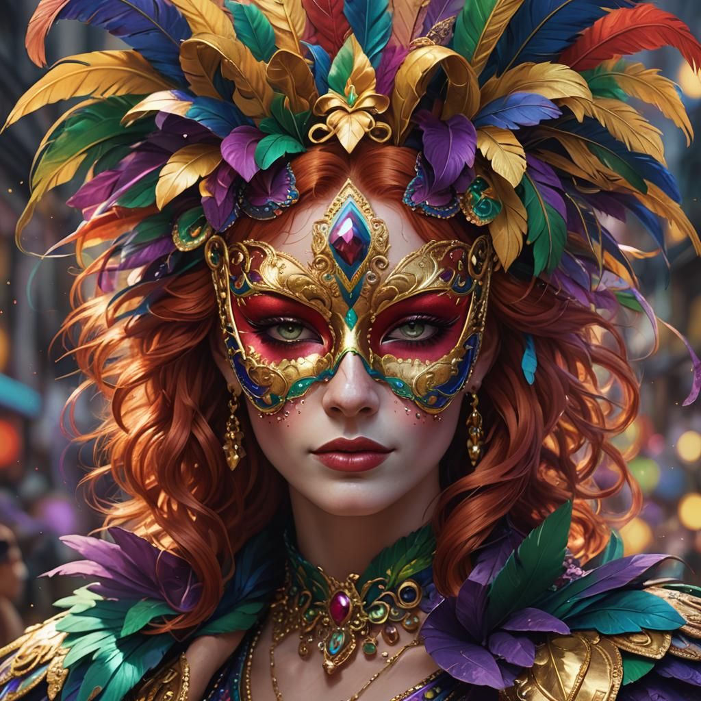 Redhead in a very colorful mardi gras mask  by @WickedlyCreative