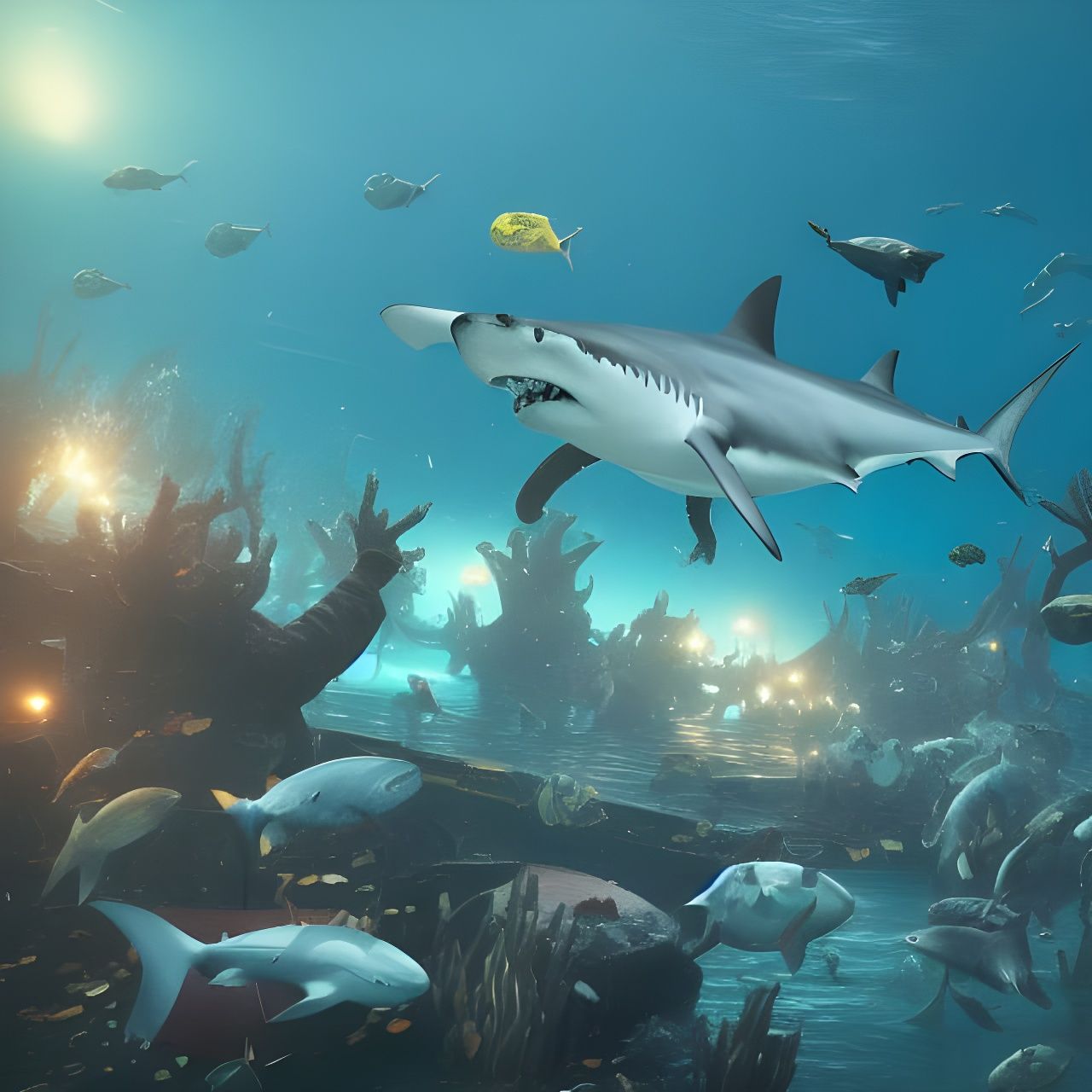 party on the ocean floor with sharks and fish dancing in underwater confetti