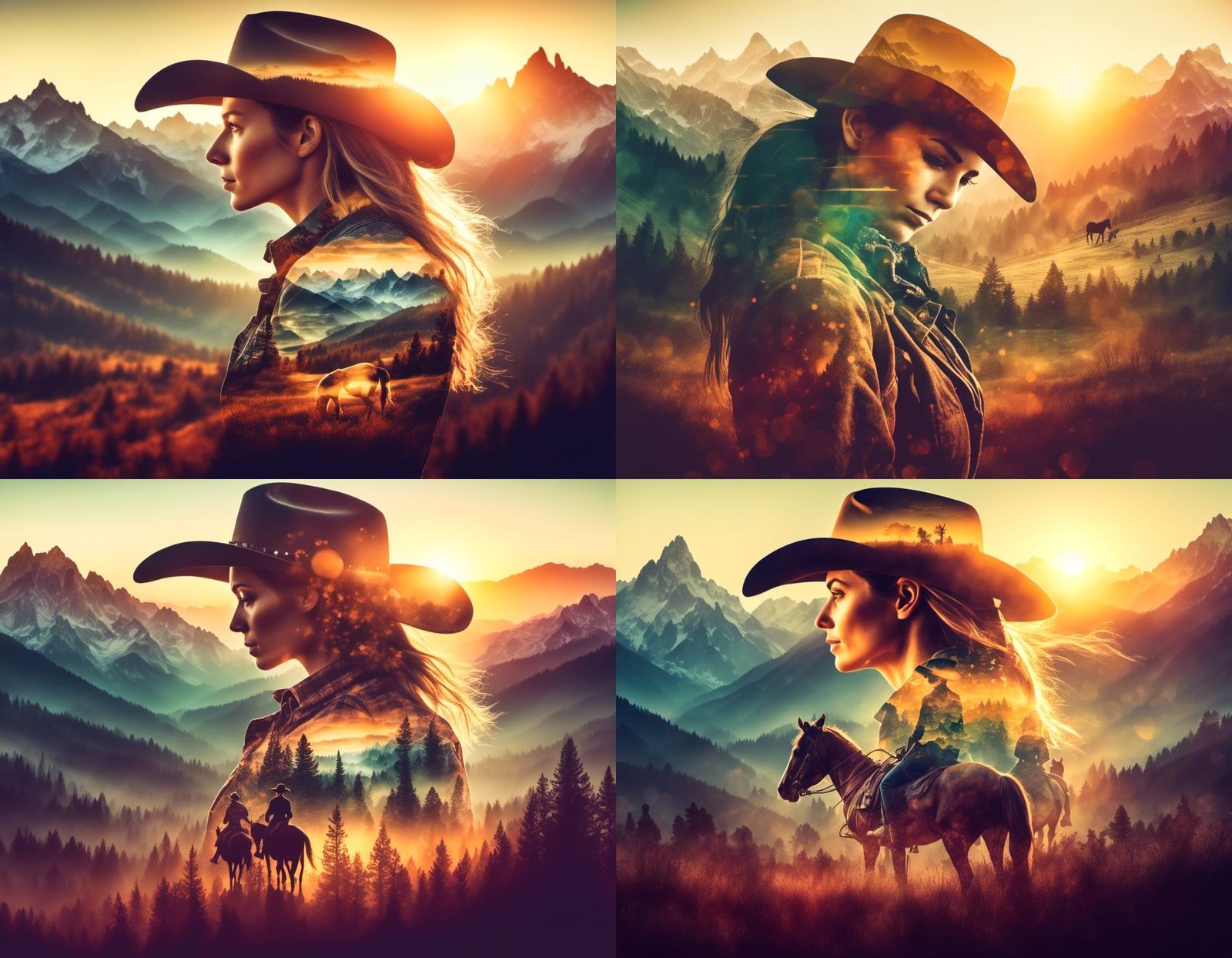 <lora:DualXp:1.0> double exposure closeup of a cowgirl woman head (sitting in an office in front of a computer:1.5) and ...