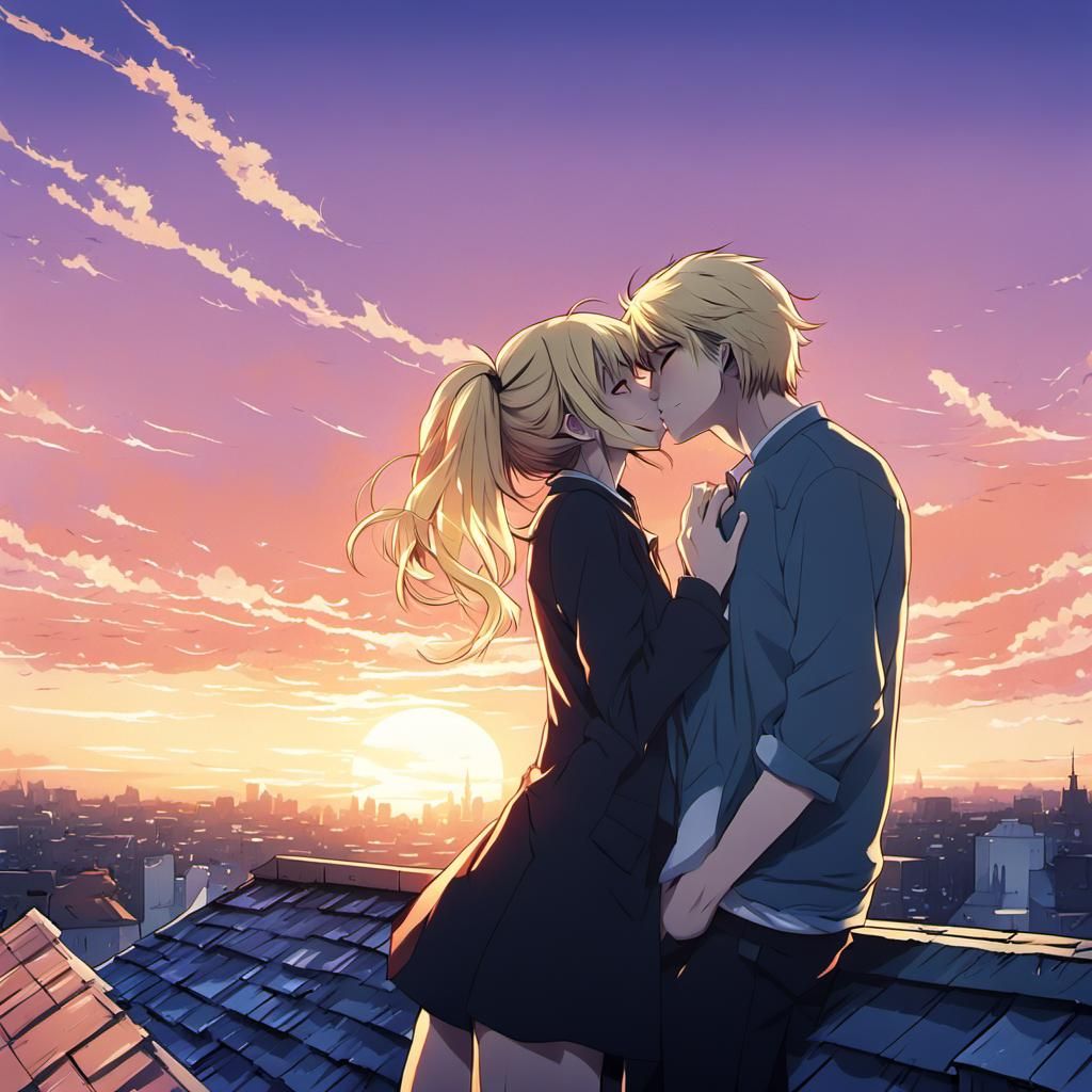 a blonde hair girl and her boyfriend kissing  on top of a ho...