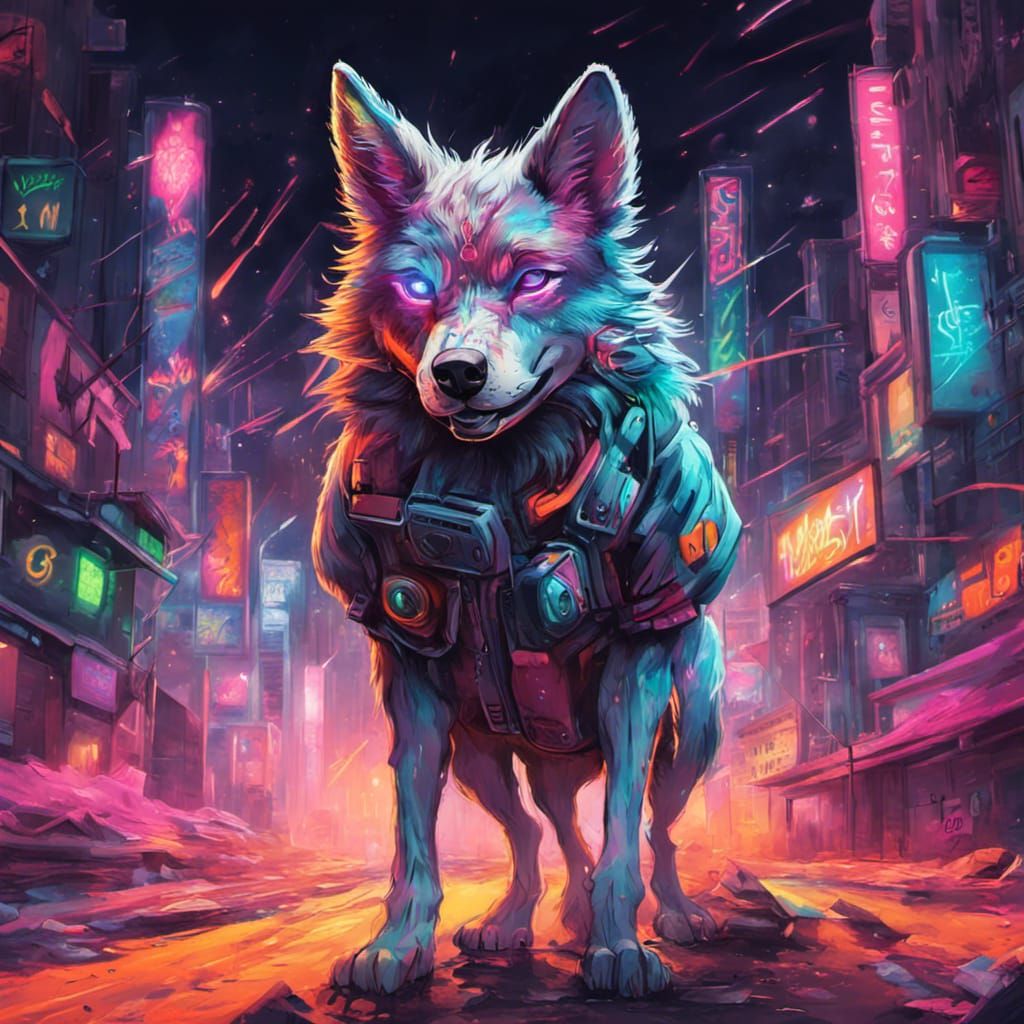 cute little cyberpunk wolf in a neon city with fireworks in the sky ...