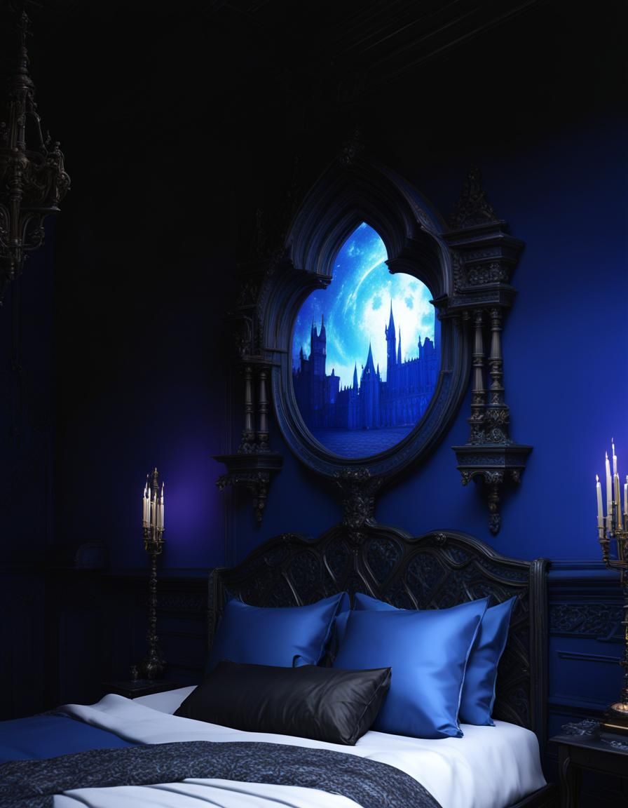 Beautiful gothic bedroom with cobalt blue walls and black gothic bed ...